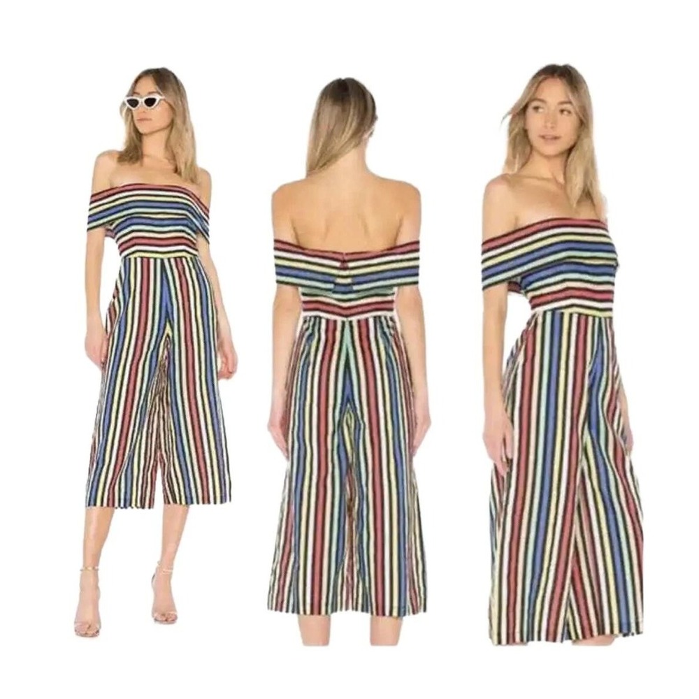 House of Harlow x Revolve Off Shoulder Wide Leg Cropped Jumpsuit Stripe Size XXS - Picture 2 of 16